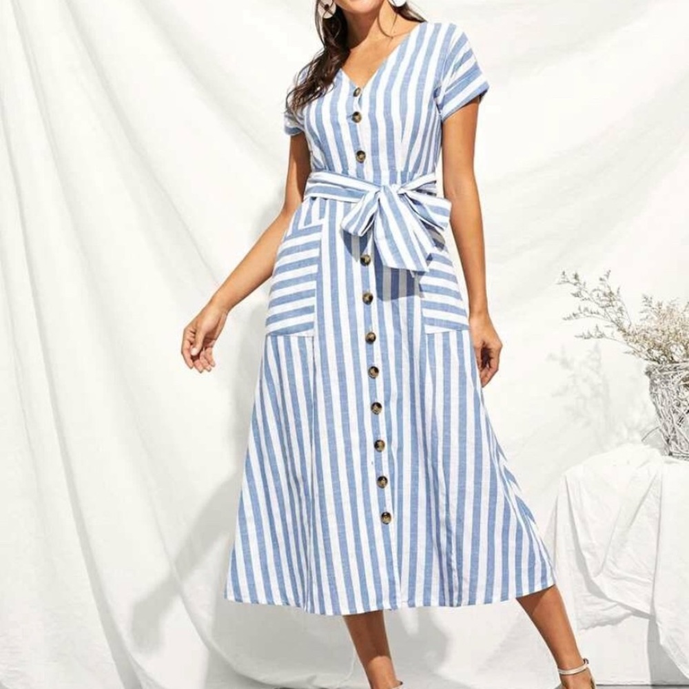 Blue and white stripped midi dress